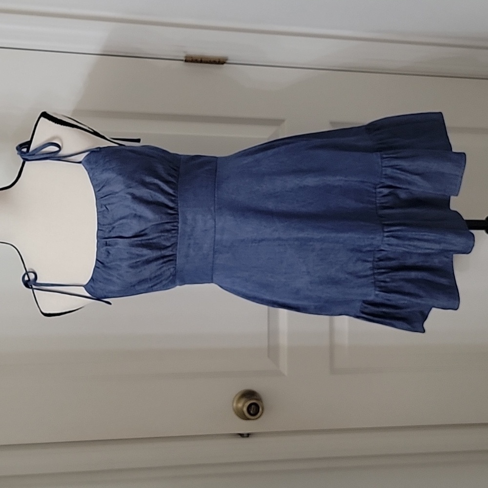 Speechless Size L Blue Denim-Look Spaghetti Strap Summer Halter Mini Dress
